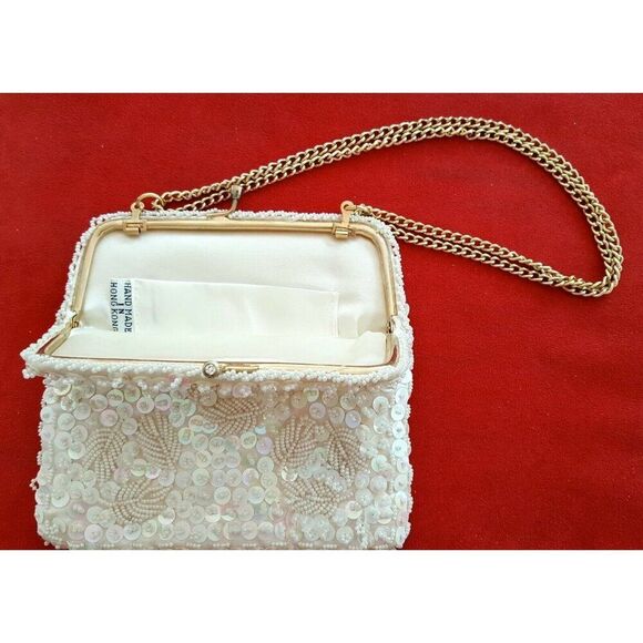 Vintage Pocketbook Ivory Sequin Leaves Gold Chain Shoulder Bag Iridescent Beads - Picture 2 of 5